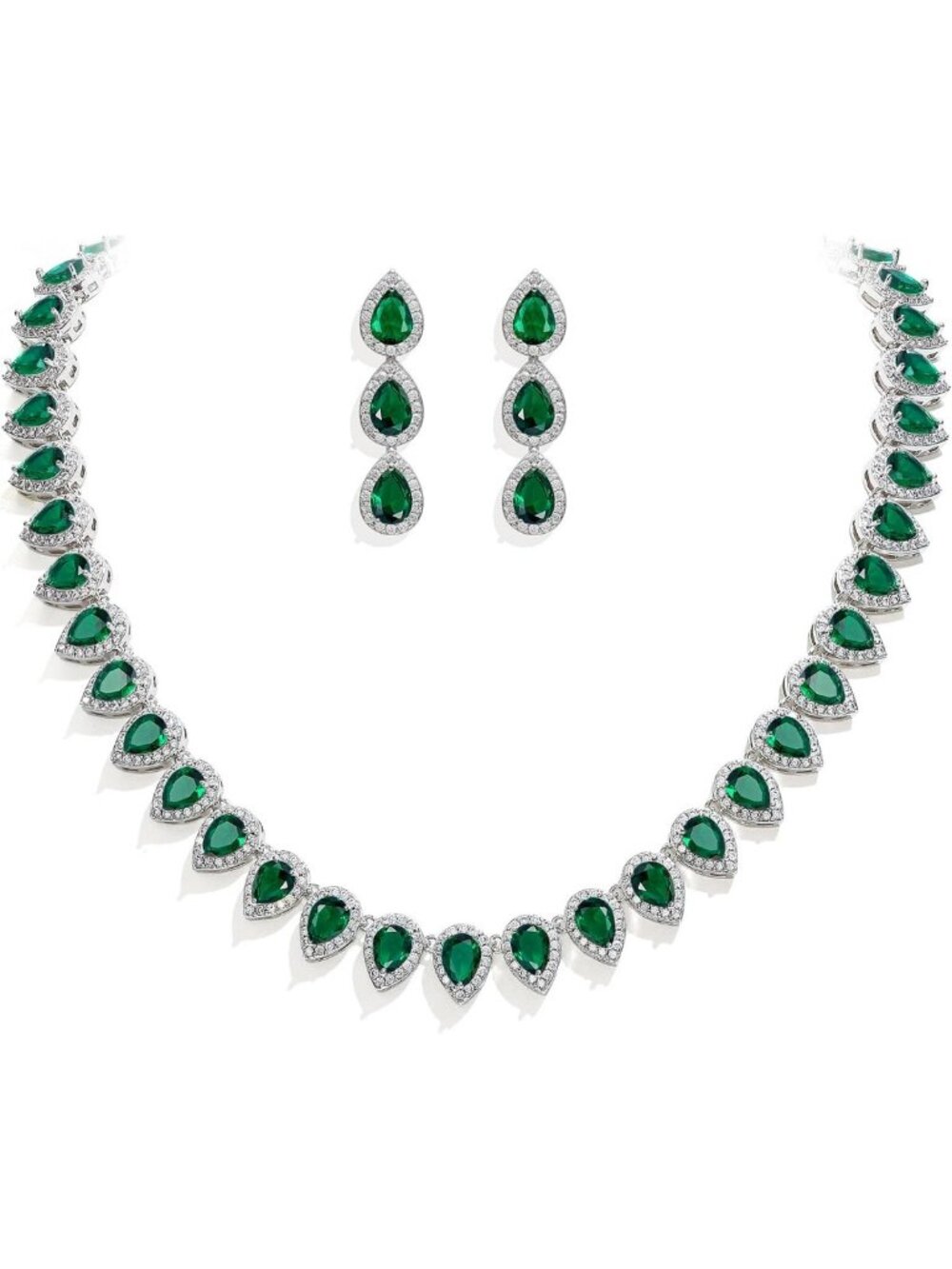 Elegant Teardrop Bridal Necklace & Earrings Set with Full Prong Cubic Zirconia
